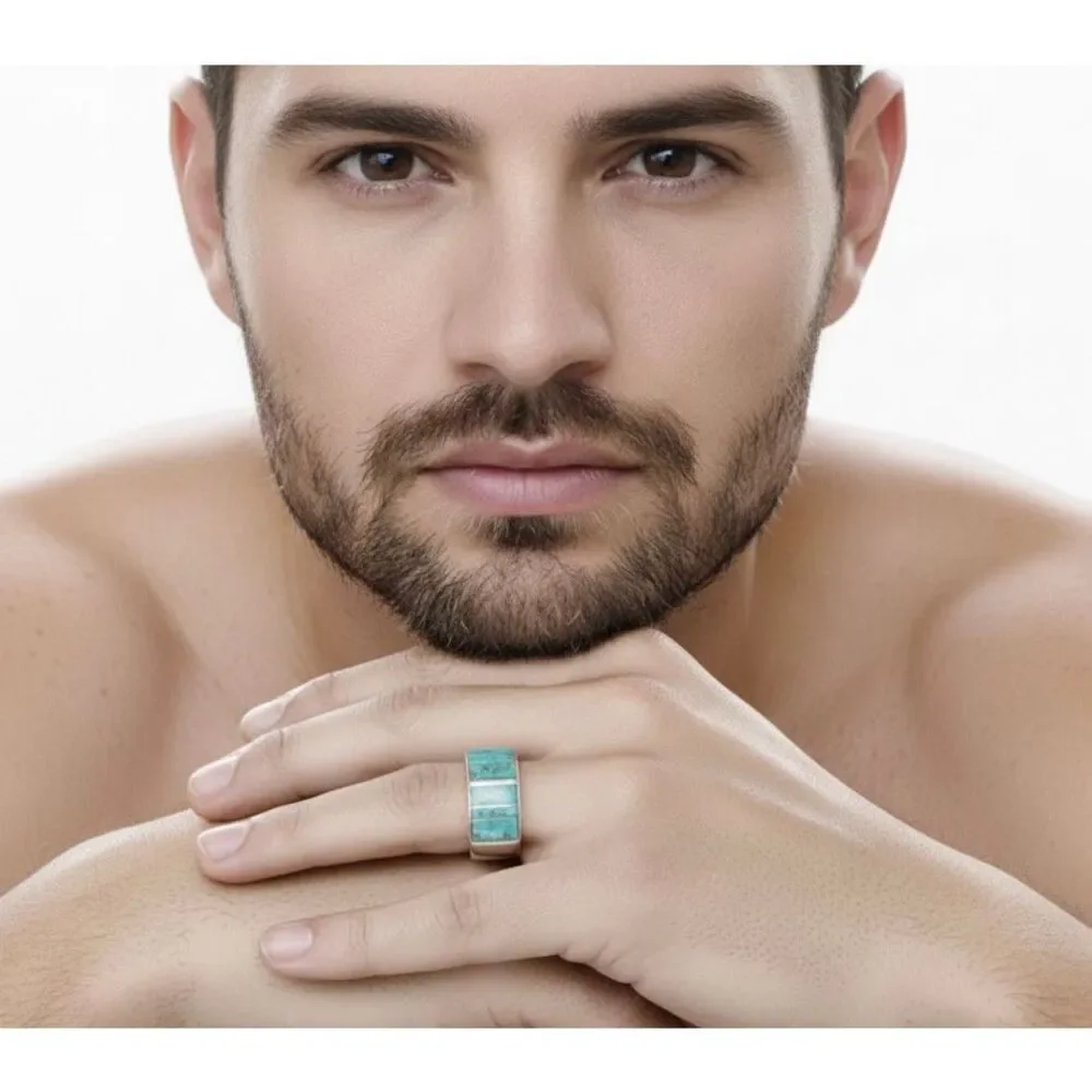 Southwestern Turquoise Inlay Statement Ring - Wide Sterling Silver Band